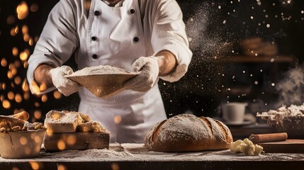 Baker sifts flour over a freshly baked loaf of bread.