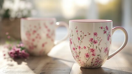 Fototapeta premium Handcrafted ceramic mugs with a subtle floral design, neatly packaged
