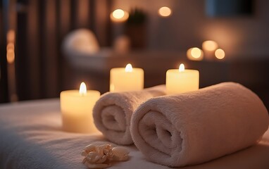 White towels, candles, and a seashell on a massage table in a dimly lit spa.