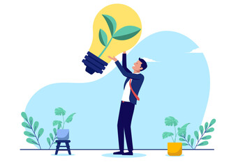 Business green energy - Businessman person standing holding light bulb with growth environmental plant symbol smiling. Sustainable and clean corporate energy concept in flat design stock illustration