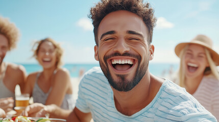 Fototapeta premium A group of friends laughing and enjoying a summer BBQ on the beach, with the ocean in the background.