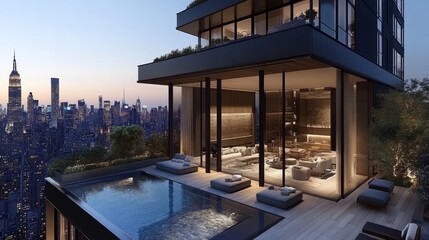 Luxury Rooftop Pool with City Skyline View at Dusk