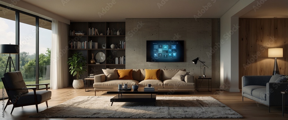 Poster illustrate the concept of the internet of things with an image of a smart home, featuring various co