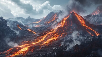 Fototapeta premium Dramatic Volcanic Landscape with Lava Flow and Rugged Terrain, Perfect for Environmental or Natural Disaster Concepts Generative AI