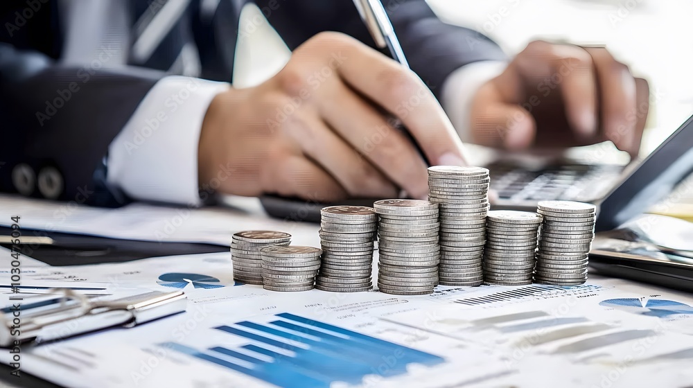 Poster stacks of coins on a desk with a man working in the background.