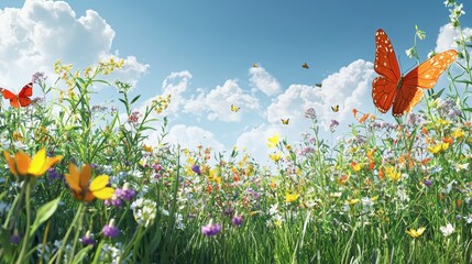 Obraz premium Vibrant and Refreshing Landscape with Wildflowers and Butterflies under a Clear Blue Sky, ideal for Spring and Summer themes Generative AI