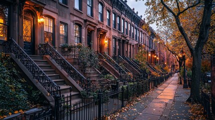 Charming Brownstone Townhouses Bathed in Autumn Afternoon Light