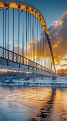 Obraz premium Stunning Sunset Over Modern Curved Steel Bridge Spanning a Wide River
