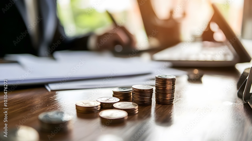 Poster stacks of coins on a desk with a person working in the background.