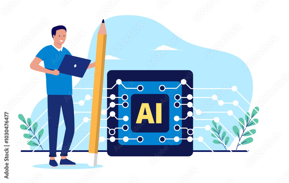 Aufkleber AI writer - Man with laptop computer writing content with the help of artificial intelligence technology service while holding pencil and smiling. Flat design vector illustration with white background