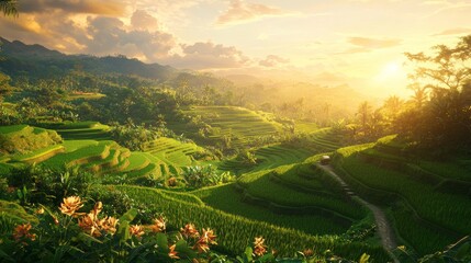 Naklejka premium Serene Rice Terrace Landscape with Winding Paths and Golden Sunset, ideal for travel, agriculture, and nature themed designs Generative AI
