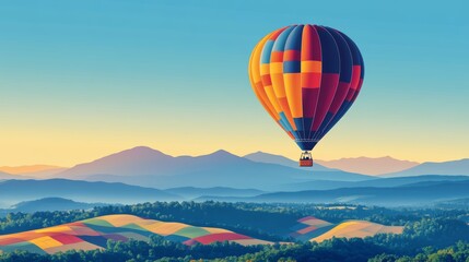 Obraz premium Colorful Hot Air Balloon Soaring Over Mountain Landscape