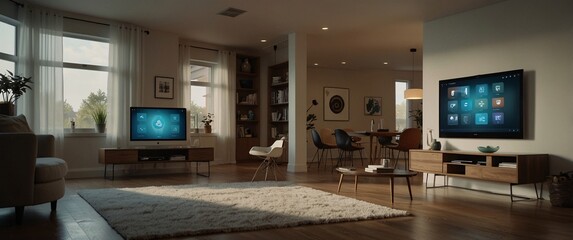 illustrate the concept of the Internet of Things with an image of a smart home, featuring various connected devices and appliances, shot from a low angle with a wide-angle lens to showcase the entire 