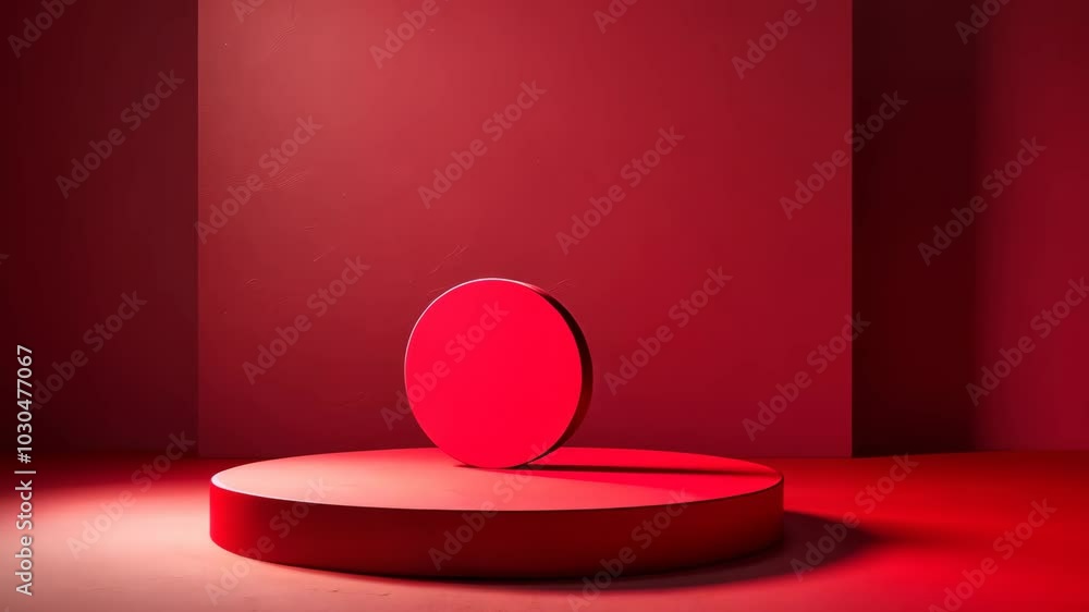 Poster a red circle rests on a circular platform in a red room, illuminated by a single light source