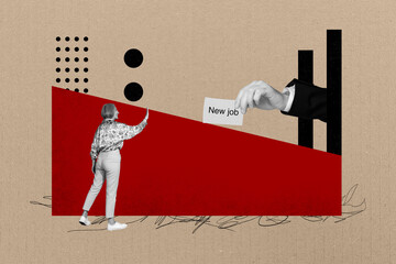 Composite artwork collage image picture of mini woman big arm hold new job placard isolated on creative background