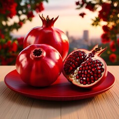 Realistic delicious fresh Pomegranate and seed on a red color Wood plate