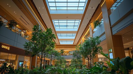 Modern Shopping Mall Atrium with Skylights and Indoor Trees in Soft Midday Light