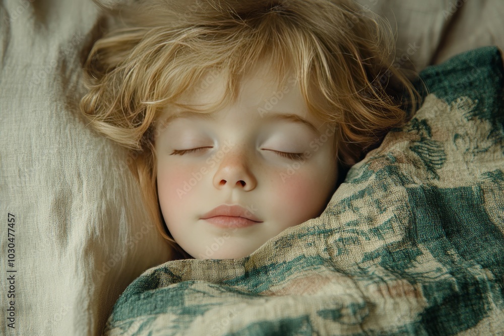 Poster peaceful child sleeping in bed symbolizing rest serenity and innocence in a soft warm toned setting 