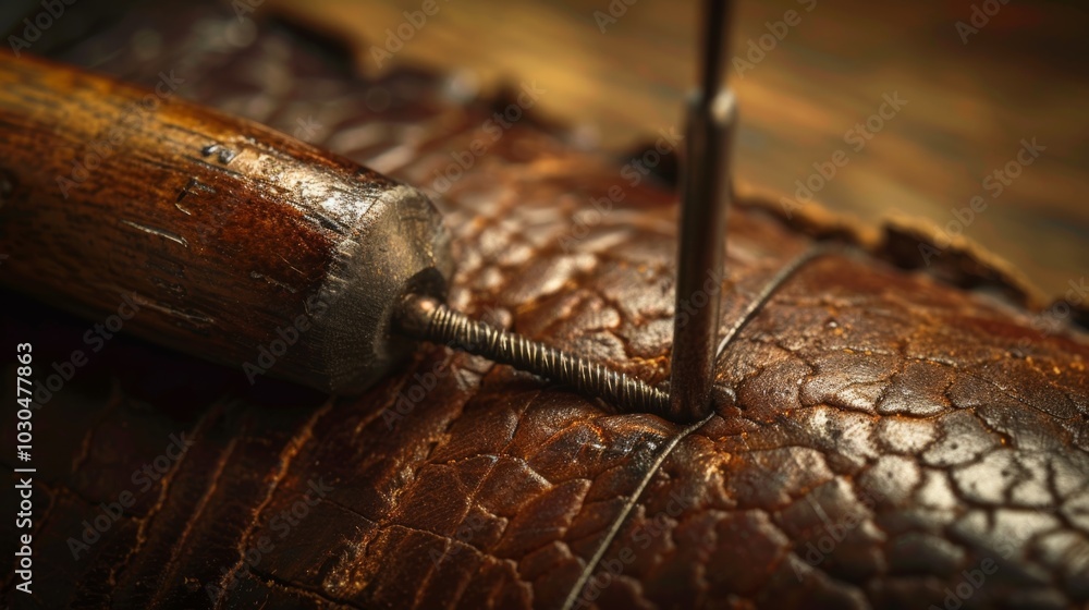 Poster a leatherworkers stitching awl the sy handle bearing marks from countless punctures.