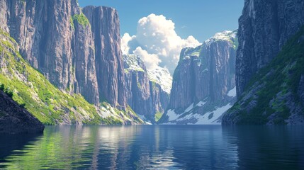 Serene Fjord Landscape with Towering Cliffs and Calm Waters, Perfect for Travel or Nature Inspired Designs Generative AI