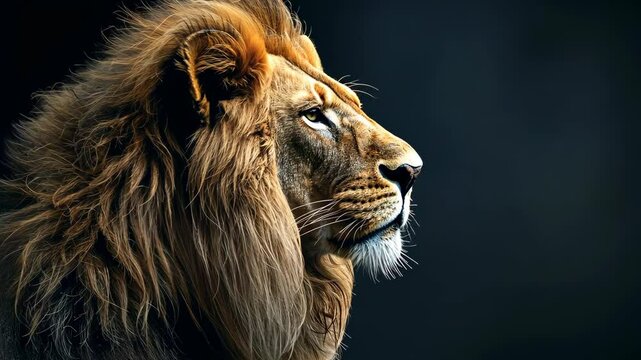 A majestic lion with a thick mane looks to the side, its powerful gaze focused on something beyond the frame