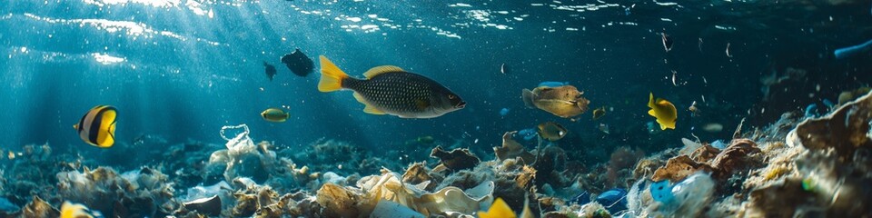 Fototapeta premium A group of fish swimming in the ocean with a plastic bag floating in the water. Concept of pollution and the impact of human activity on the environment