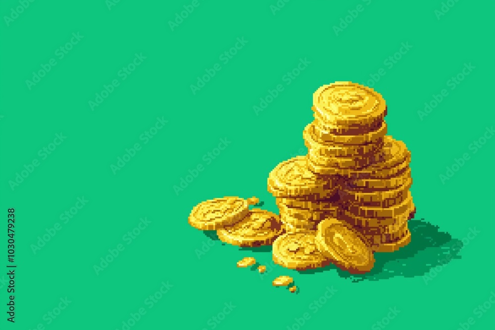 Poster a stack of gold coins on a green background. the coins are piled on top of each other, creating a se