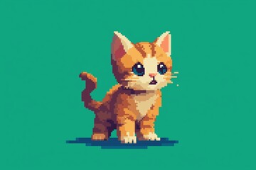 Fototapeta premium A cute orange kitten is standing on a green background. The kitten has blue eyes and is looking up at the camera. Pixel art.