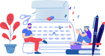 Copywriting and storytelling concept. Copywriters working for social media promotion and blogs.