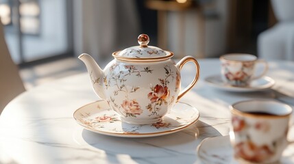 A tea set with delicate floral engravings on a white marble counter