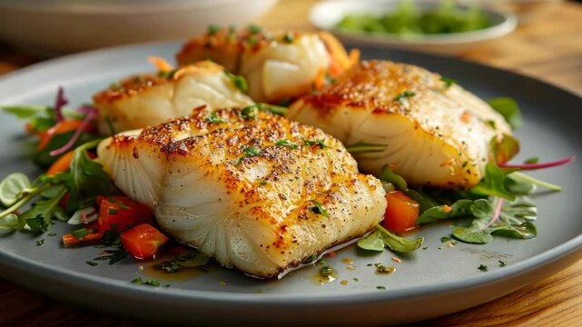 Grilled fish served on a gray plate with fresh greens and vegetables