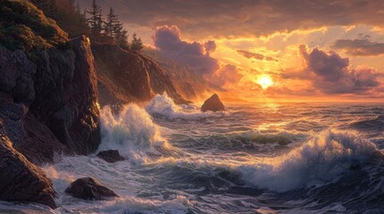 Dramatic Coastal Cliff with Crashing Waves and Sunset - Perfect for Travel or Nature Inspired Designs Generative AI