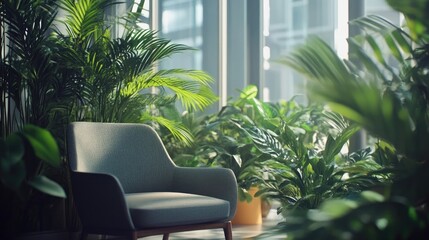 Fototapeta premium A tranquil corner of an office with plants and soft seating