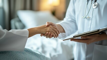 Fototapeta premium Close-up of a doctor gently holding a patient's hand, conveying empathy and support in a hospital environment. Ideal for medical care, trust, and human connection visuals.