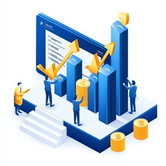 An illustration showing a financial growth concept with increasing bars, coins, and figures celebrating success.