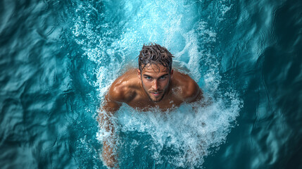 Athletic young man swimming in the sea with blue water.
