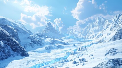 Majestic Glacier Landscape with Icy Blue Crevasses and Snow-Covered Peaks Generative AI