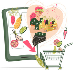 Online grocery and farm internet store banner. Farmer offering his vegetables from mobile phone screen. Eco farm online market, grocery or supermarket.