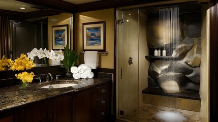 Spa-Inspired Luxury Bathroom with Natural Stone Surfaces and Serene Rain Shower