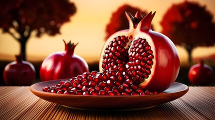 Delicious fresh Pomegranate and open Pomegranate seed on a red color Wood plate