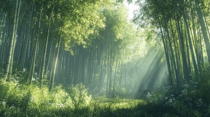Obraz premium Serene Bamboo Forest with Dappled Sunlight for Relaxation and Wellness Generative AI