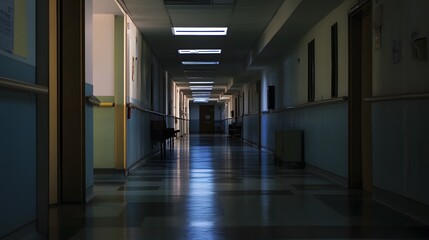A long, empty hospital hallway with a single door at the end.