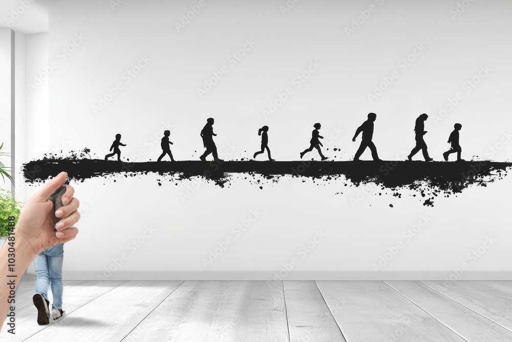 Poster family cutout figures walking across a rope held up by hands symbolizing support guidance and unity 