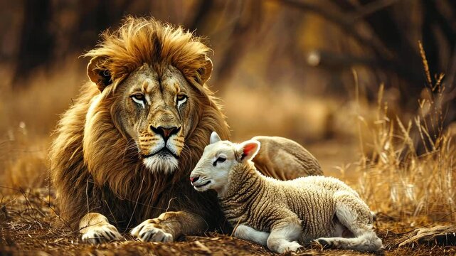 A lion and a lamb peacefully coexist in a field of dry grass