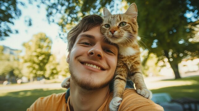 A young man beams with joy as he poses outdoors, his cat playfully resting on his shoulder under the sun - Powered by Adobe