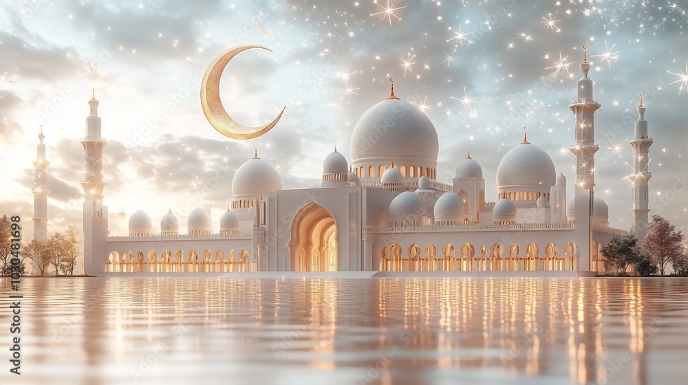 Poster 3d composition of crescent moon hanging over a modern mosque delicate star patterns in the sky creat
