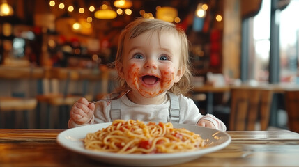 Funny baby girl eating spaghetti alla carbonara in a restaurant