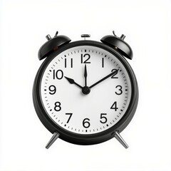 A classic black alarm clock displays the time with bold numbers and two bells on top, embodying a vintage design for timekeeping.