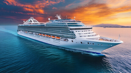 Luxury Cruise Ship Sailing on the Tranquil Ocean at Sunset with Golden Reflections