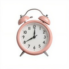 A vintage pink alarm clock displaying the time with a classic design, suitable for home decor and time management.